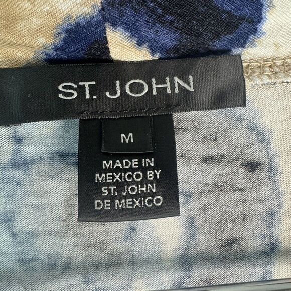 St. John's Shirt Women's Sz M Beige Blue Animal Print Long Sleeve Stretch Knit - Picture 7 of 13